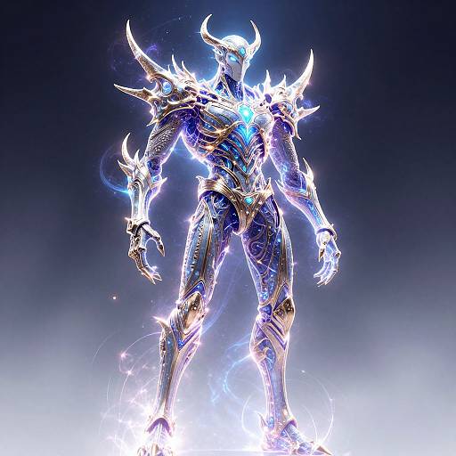 Digital artwork of a glowing, horned, armored warrior with sharp, jagged spikes, standing amidst bright, electric blue and white energy against a dark