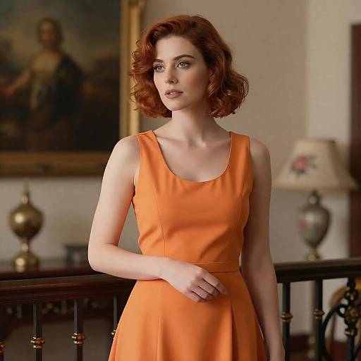 Elegant Woman in Orange Dress Indoors