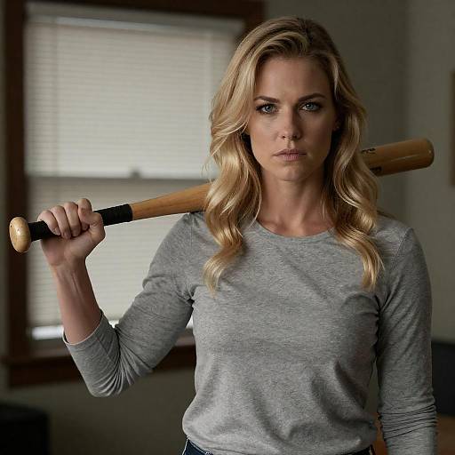 Serious Blonde Woman Holding Baseball Bat
