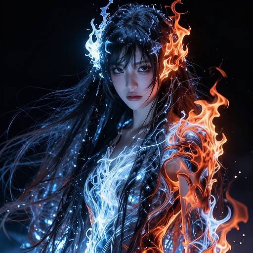 Digital artwork of a pale-skinned woman with long black hair, surrounded by blue and orange ethereal flames, against a dark background. Her intense gaze