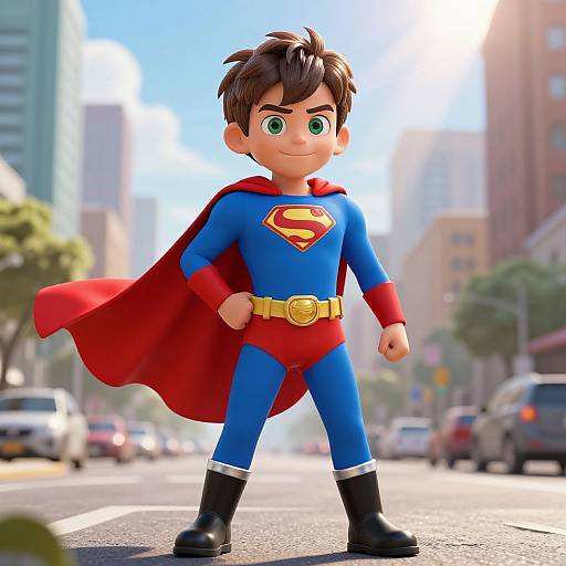 CGI cartoon of a young, green-eyed boy in a blue Superman suit, red cape, and yellow belt, standing confidently on a sunlit city