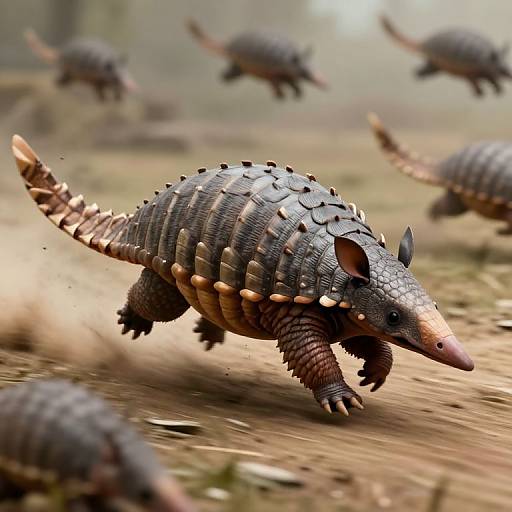 Photorealistic CGI image of a armored anteater-like creature with spiked back, running on a dirt path, surrounded by blurred, floating similar creatures in