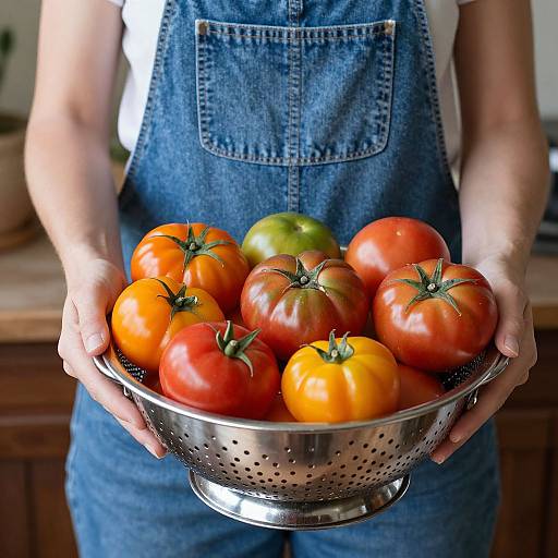 Photograph of a person in denim overalls holding a metal strainer filled with vibrant red, orange, and green tomatoes.
