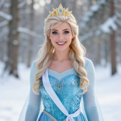 Photograph of a smiling blonde woman with long wavy hair, wearing a blue Elsa-inspired dress, gold crown, and white sash, standing in