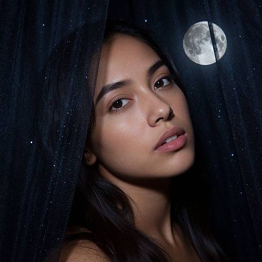 Photograph of a young woman with long dark hair, glowing skin, and soft pink lips, gazing at a full moon through a sheer black curtain