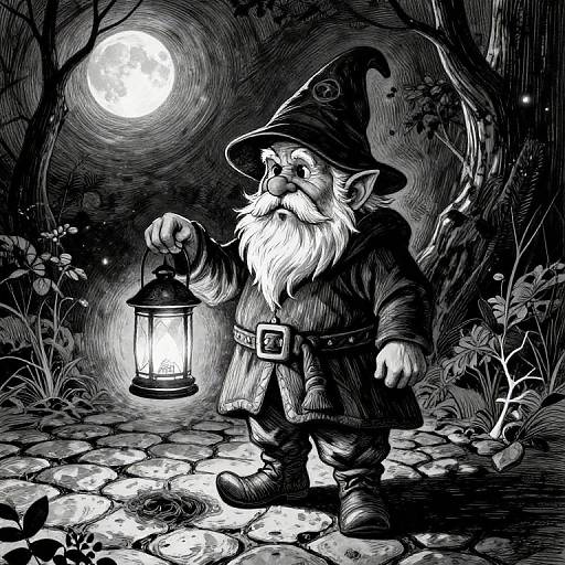 Ink drawing of a wise, bearded wizard in a pointed hat, holding a lantern, under a full moon in a dark, forested path