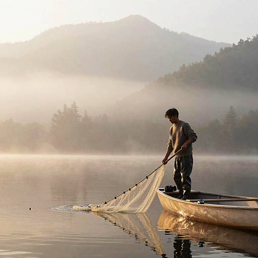 Photograph of a man standing in a wooden boat, casting a fishing net into a misty, reflective lake with forested hills in the background at