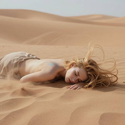 Photograph of a blonde woman with sand-covered shoulders, lying face-down on golden sand dunes under a clear blue sky.