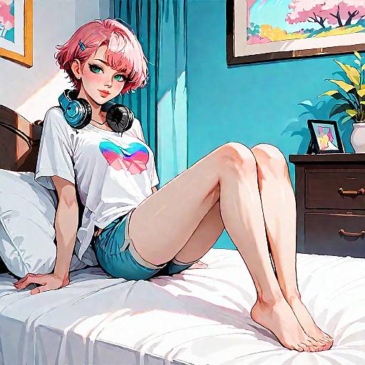 Digital anime-style drawing of a pink-haired girl with blue headphones, wearing a white T-shirt and blue shorts, sitting on a sunlit bed in a