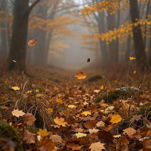 Misty Autumn Forest with Falling Leaves