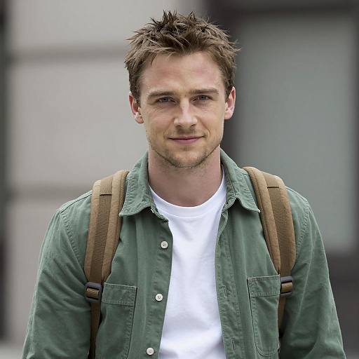 Young Man in Green Shirt with Backpack