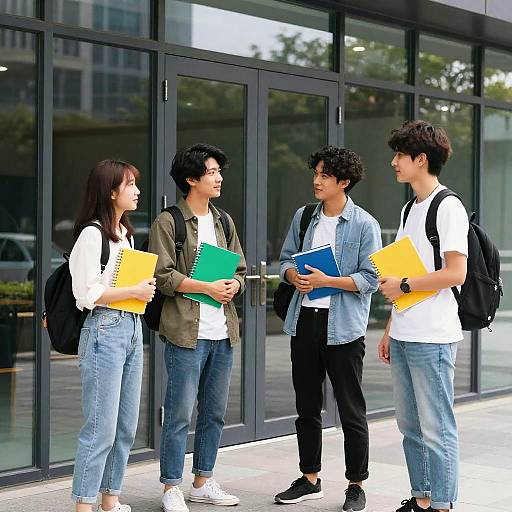 Diverse Students Chatting Outside Glass Building