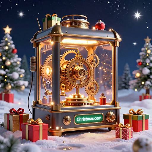 Digital CGI image of a glowing, steampunk Christmas machine with gears, surrounded by festive snow-covered trees and colorful wrapped gifts.