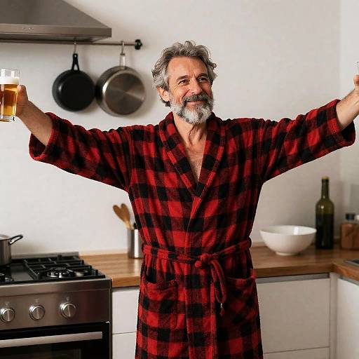 Cheerful Man in Kitchen with Beers