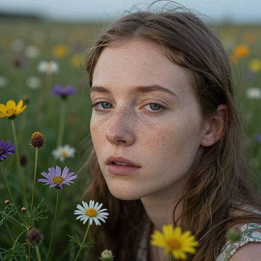 Photograph of a young, fair-skinned woman with freckles, brown hair, and blue eyes, surrounded by a blooming field of d