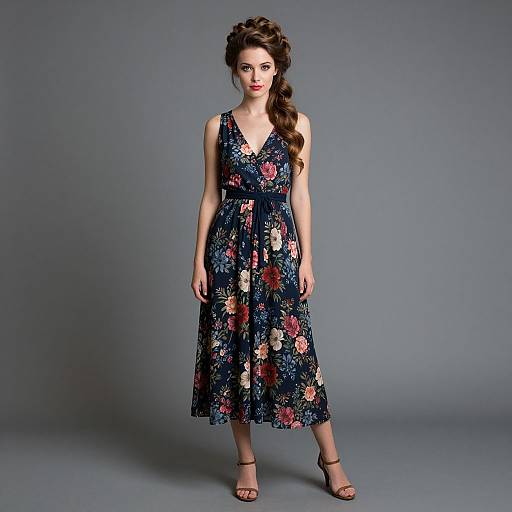 Photograph of a fair-skinned woman with wavy brown hair, wearing a dark blue floral dress, standing against a gray background, in black str