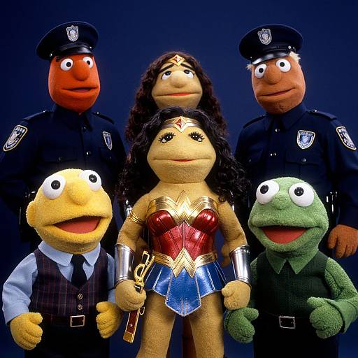 Photograph of Sesame Street characters as police officers and Wonder Woman, standing in a row, against a dark blue background.