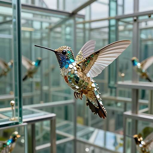 Photograph of a colorful, iridescent hummingbird with a long beak, hovering mid-flight in a glass-walled aviary with other humming