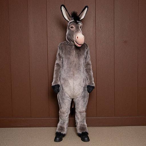 Photograph of a gray, furry, donkey costume with black ears, hooves, and nose, standing against a brown wooden wall.