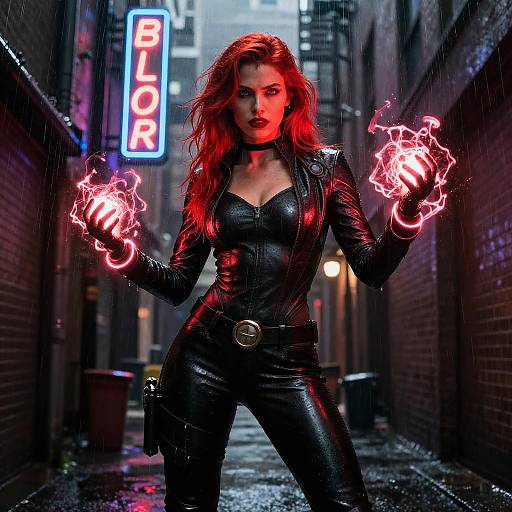 Photorealistic CGI of a fierce red-haired woman in a black leather catsuit, standing in a rainy, neon-lit alley, conjuring glowing