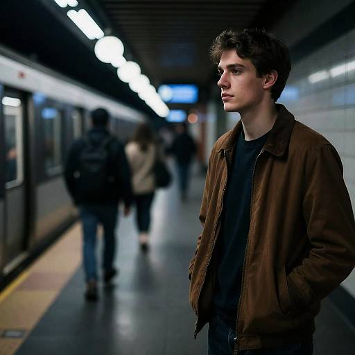 Nighttime Subway Scene with Young Man