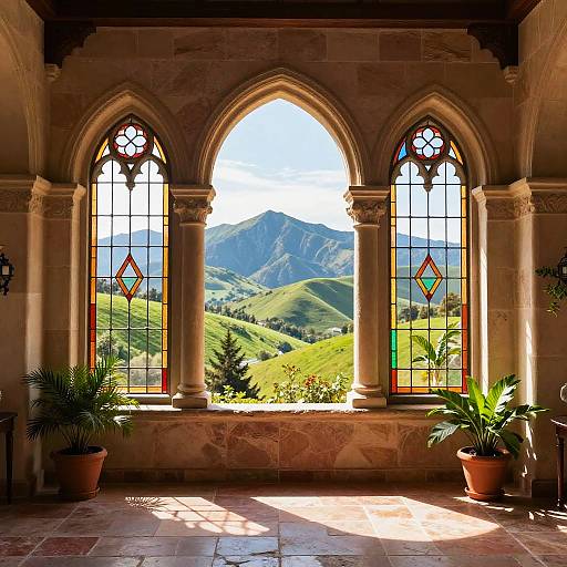 Sunlit Gothic Archway with Scenic View