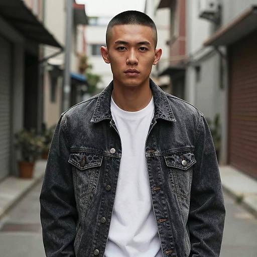 Photograph of a young Asian man with short black hair, wearing a dark denim jacket over a white t-shirt, standing in a narrow urban alleyway
