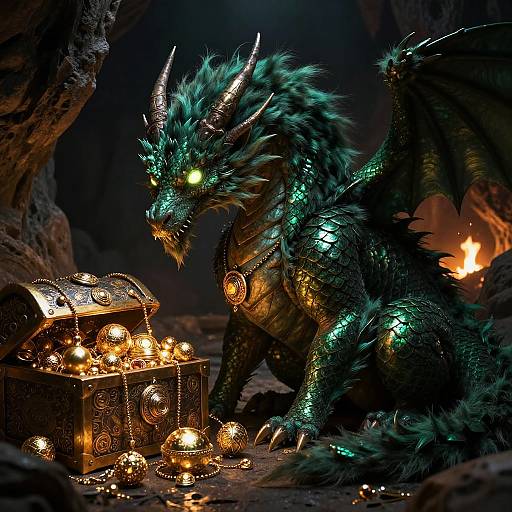 Fantasy CGI image of a glowing green dragon with spiked scales, sitting beside a treasure chest filled with glowing orbs and jewels in a dark cave.