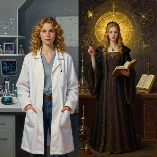 Split-image of a fair-skinned woman with curly blonde hair, wearing a white lab coat in a lab on the left, and a black robe with