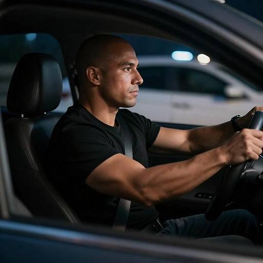 Muscular Bald Man Night Drive