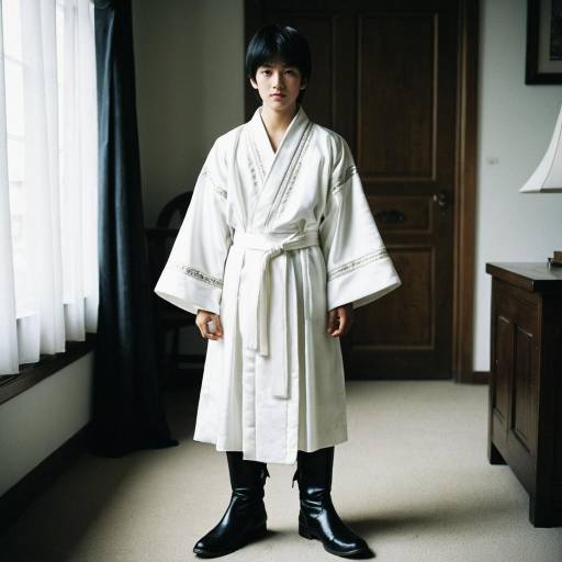 Boy in White Robe and Black Boots Indoors