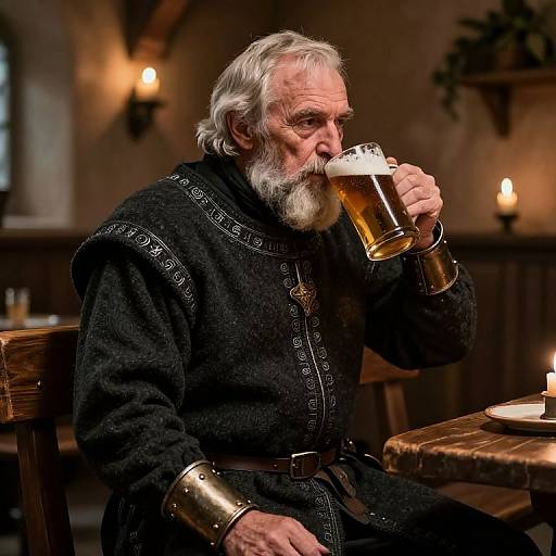 Photograph of an elderly white man with a white beard, wearing a black medieval-style robe, sipping beer at a dimly lit tavern. Warm
