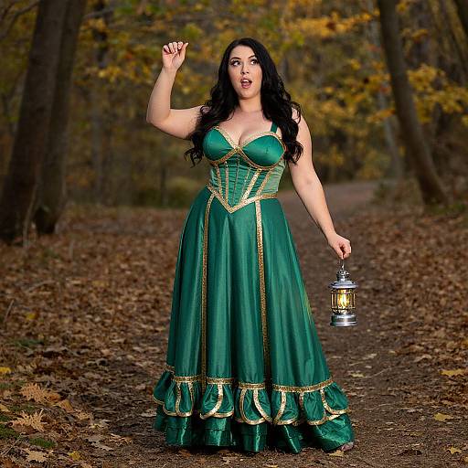 Photograph of a curvy woman with long black hair, wearing a green, gold-trimmed dress, holding a lantern on a forest path.