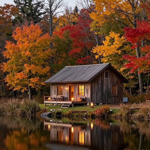 Photograph of a wooden cabin with lit windows, surrounded by vibrant autumn trees, reflecting in a calm lake, creating a warm, serene scene.