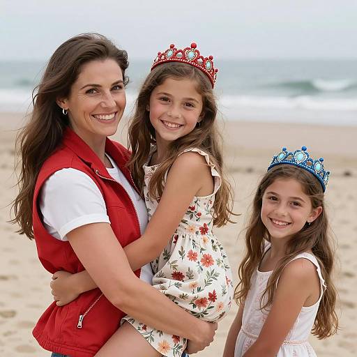 Smiling Woman and Two Girls on Beach