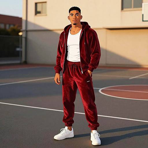 Young Man in Red Velvet Tracksuit on Basketball Court