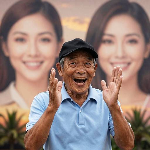 Joyful Sunset Portrait with Palm Trees