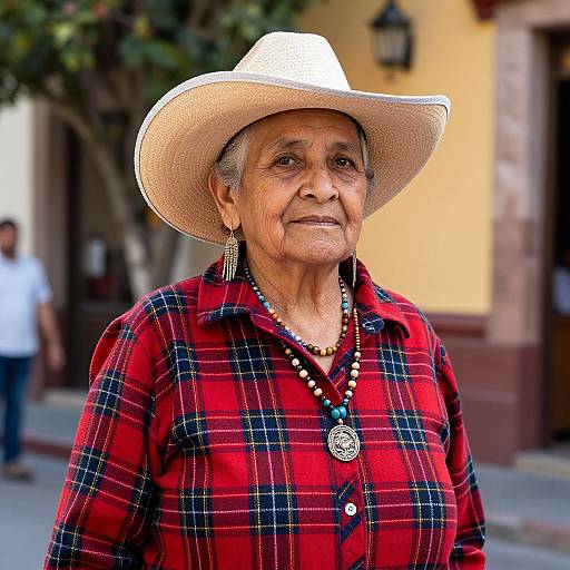 Photograph of an elderly Latina woman with wrinkles, wearing a white cowboy hat, red plaid shirt, beaded necklace, and earrings, smiling in