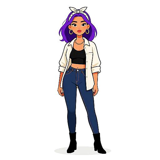 Digital drawing of a stylish woman with purple hair, wearing a white jacket, black crop top, high-waisted jeans, black boots, and a