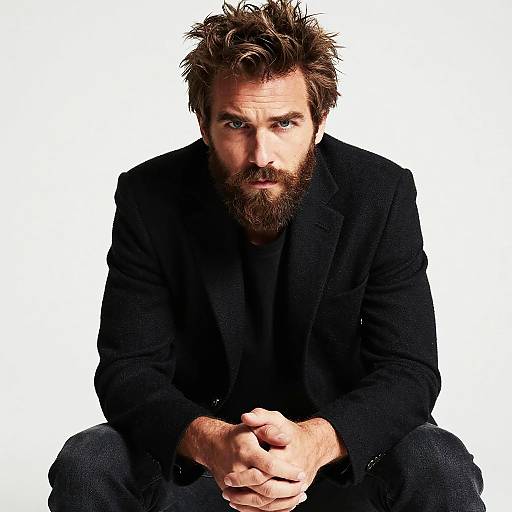 Photograph of a rugged, bearded man with spiked brown hair, wearing a black blazer and dark shirt, sitting against a white background, hands