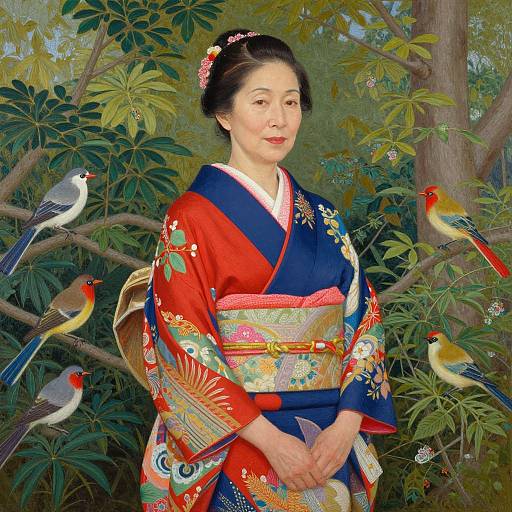 Photograph of a Japanese woman in a colorful, floral-patterned kimono, standing in a lush, green forest with four vibrant birds on branches.
