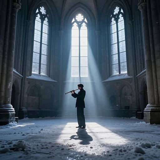 Photograph of a lone musician in a black suit playing a flute, standing in a snow-covered, gothic cathedral with beams of light streaming through tall