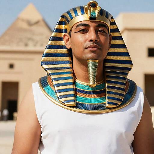 Man in Pharaoh Costume with Egyptian Pyramids