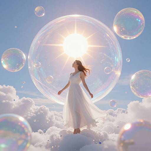 Photograph of a woman in a flowing white dress standing on a cloud, surrounded by large, glowing soap bubbles, with a bright sun behind her in
