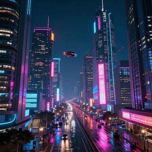 Neon-lit, futuristic cityscape at night with glowing skyscrapers, illuminated billboards, flying drone, and wet, reflective streets filled with