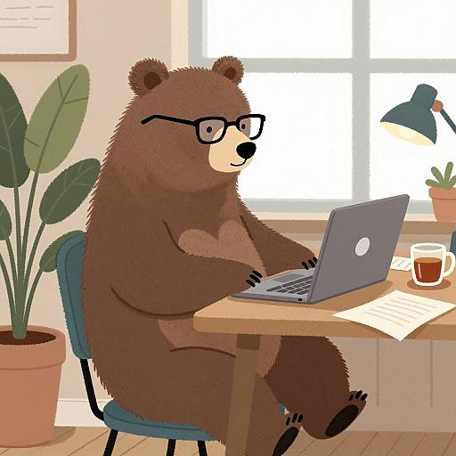 Bear Working on Laptop in Cozy Workspace