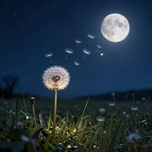 Moonlit night photograph of a dandelion seed head releasing seeds, with a bright full moon in the dark blue sky.