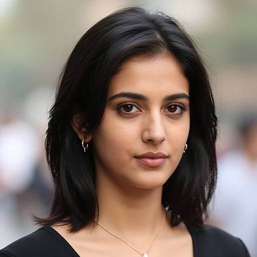 Photograph of a young woman with medium brown skin, black shoulder-length hair, dark eyebrows, brown eyes, and small hoop earrings, wearing a black