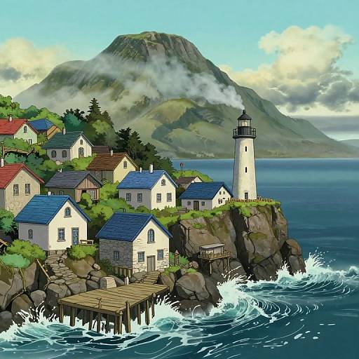 Digital illustration of a coastal village with blue-roofed houses, a lighthouse, rocky shore, crashing waves, and a misty mountain backdrop.