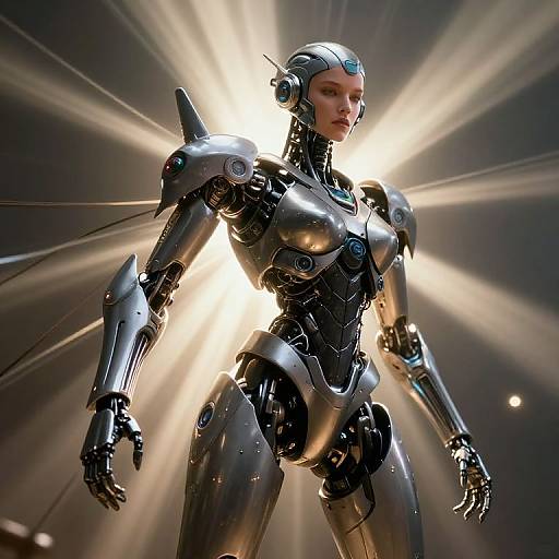 Photorealistic CGI of a sleek, silver, humanoid female robot with glowing light beams behind her, standing confidently with a futuristic, metallic appearance.